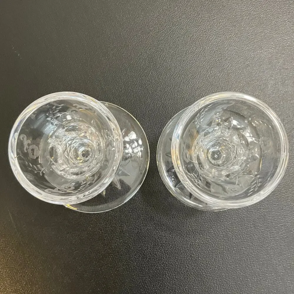 Set of 2 Candle Holders Etched Cut Glass Starburst Base Vintage